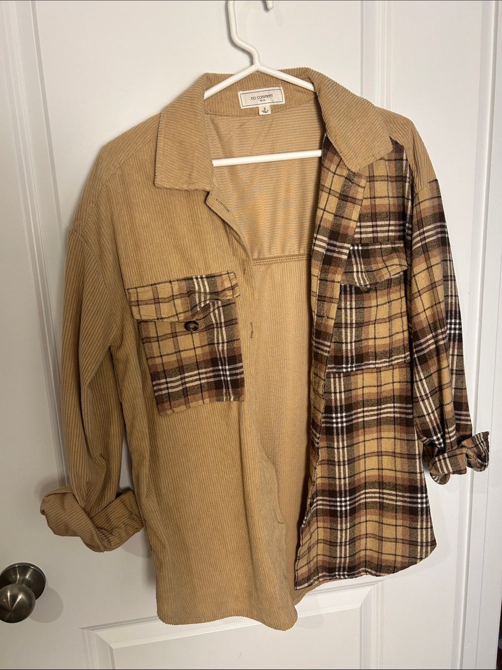 No Comment Two-Tone Tan Corduroy & Plaid Shacket